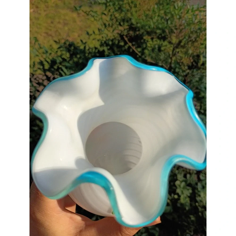 Vintage Fenton Teleflora Swirl Art Glass Vase Hand Painted Aqua Blue Ruffle Rim